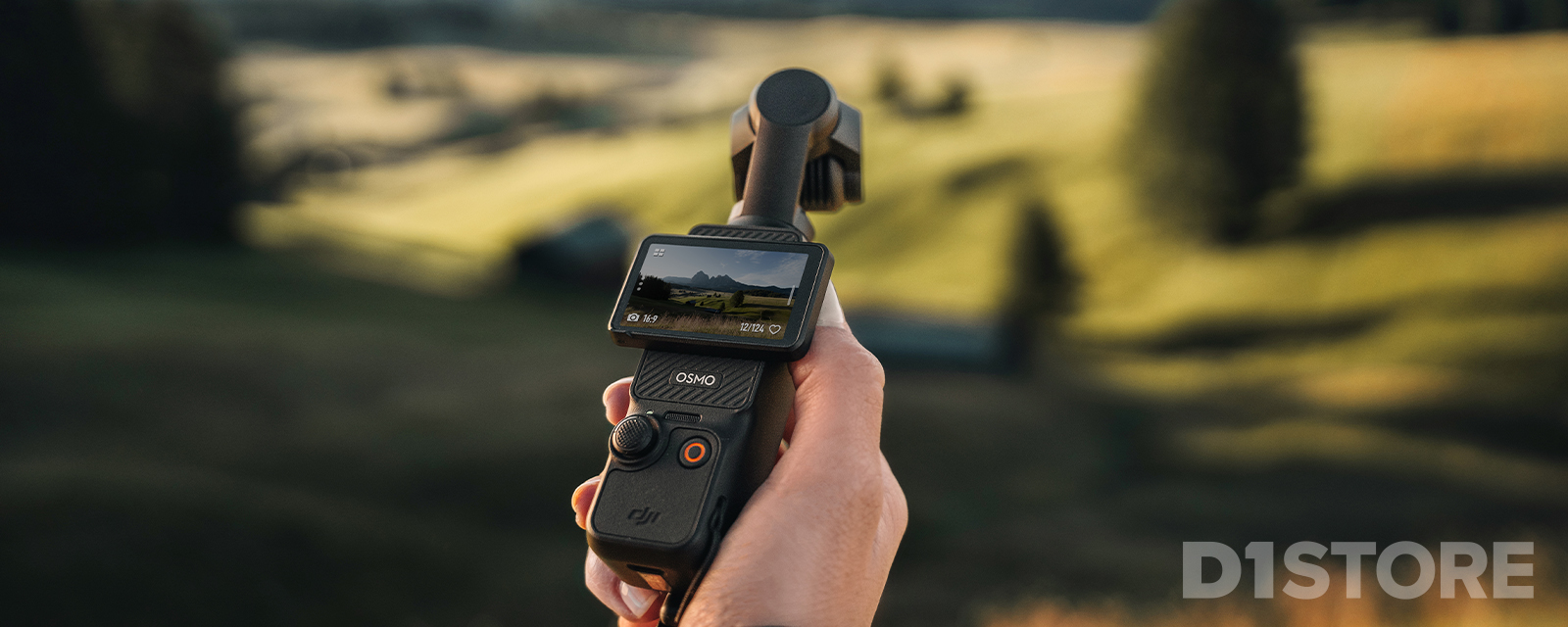 Osmo Pocket 3 gimbal camera recording a landscape shot in horizontal orientation